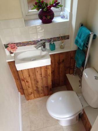 Small downstairs WC transformed, hand basin, tiled floor and around the basin, mini towel rail off the CH circuit, all concealed pipe work, bespoke build (Wantage - June 2016)